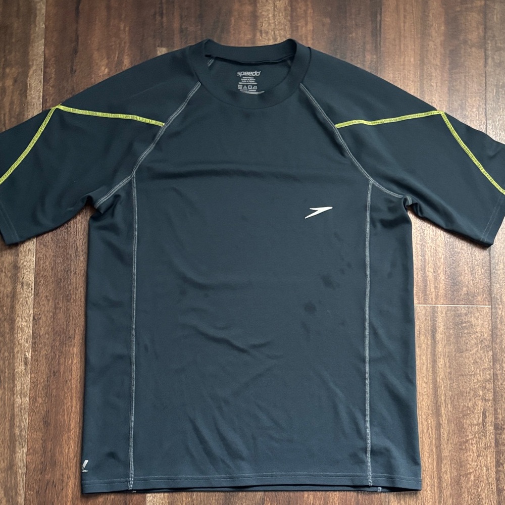 Speedo Men’s Black Short-Sleeve Swim Rash Guard with Lime Accents